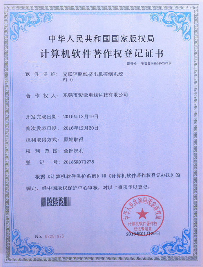 鼎盛国际交联辐照线挤出机控制系统版权登记证书